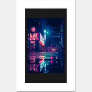 Neon Tokyo Reflection Red and green lights on the streets Posters and Art